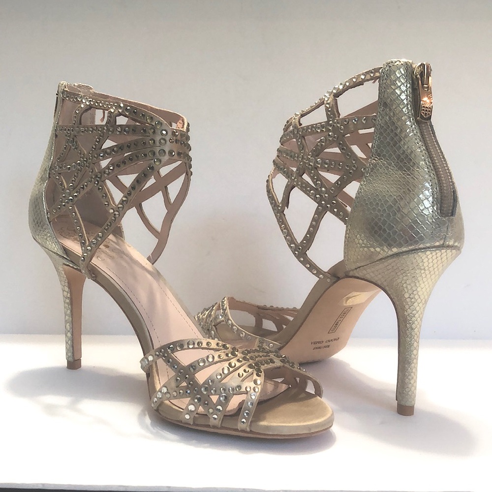 Vince Camuto Metallic Gold Open Toe Rhinestone Back Zip Heels size 8.5M